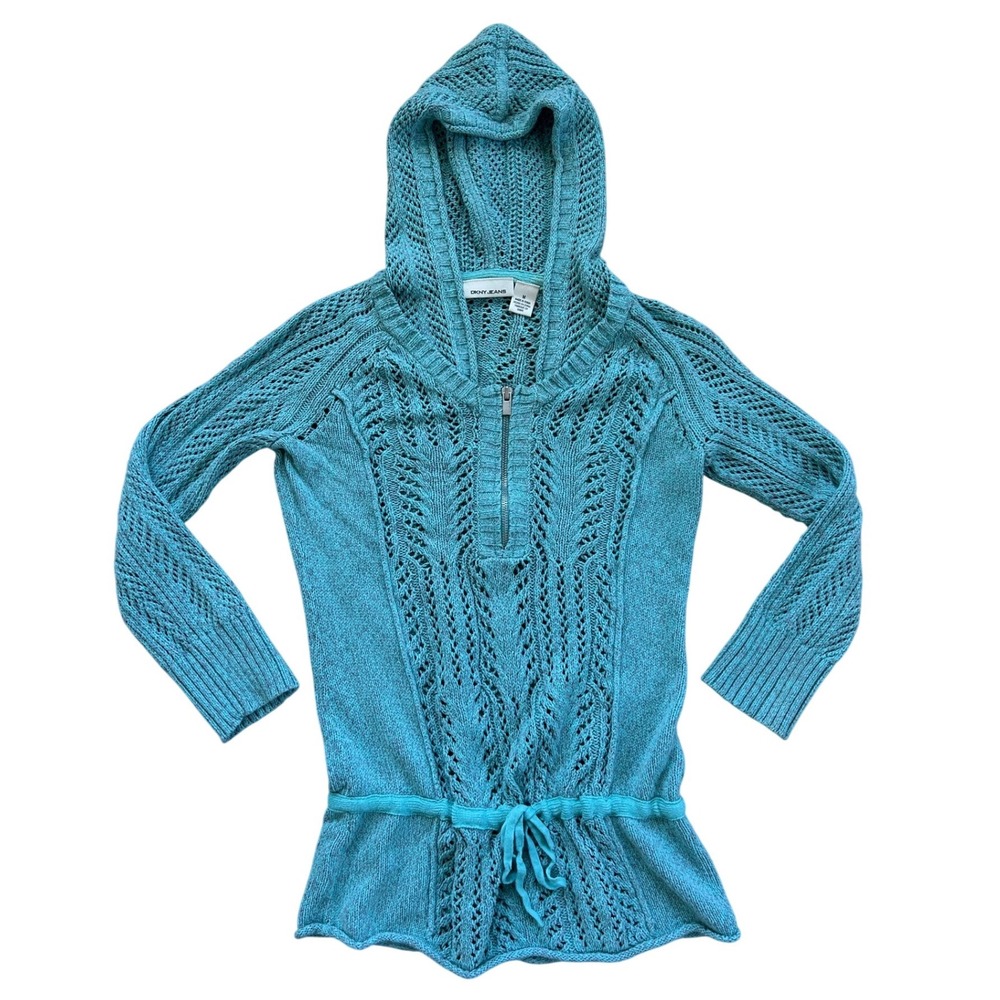 DKNY Jeans vtg Y2K Babydoll Pointelle Knit Hooded Sweater Aqua Blue M boho beach
